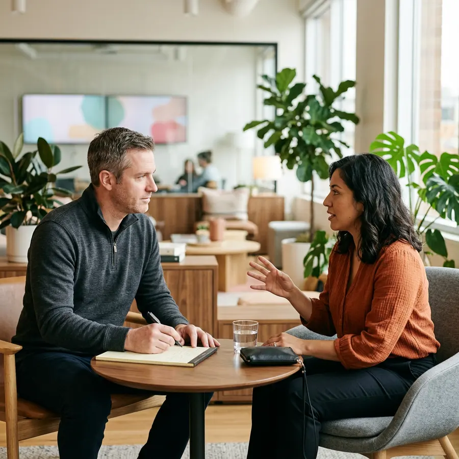 A KORE1 recruiter interviewing an ERP training and change management consultant in a bright office lounge