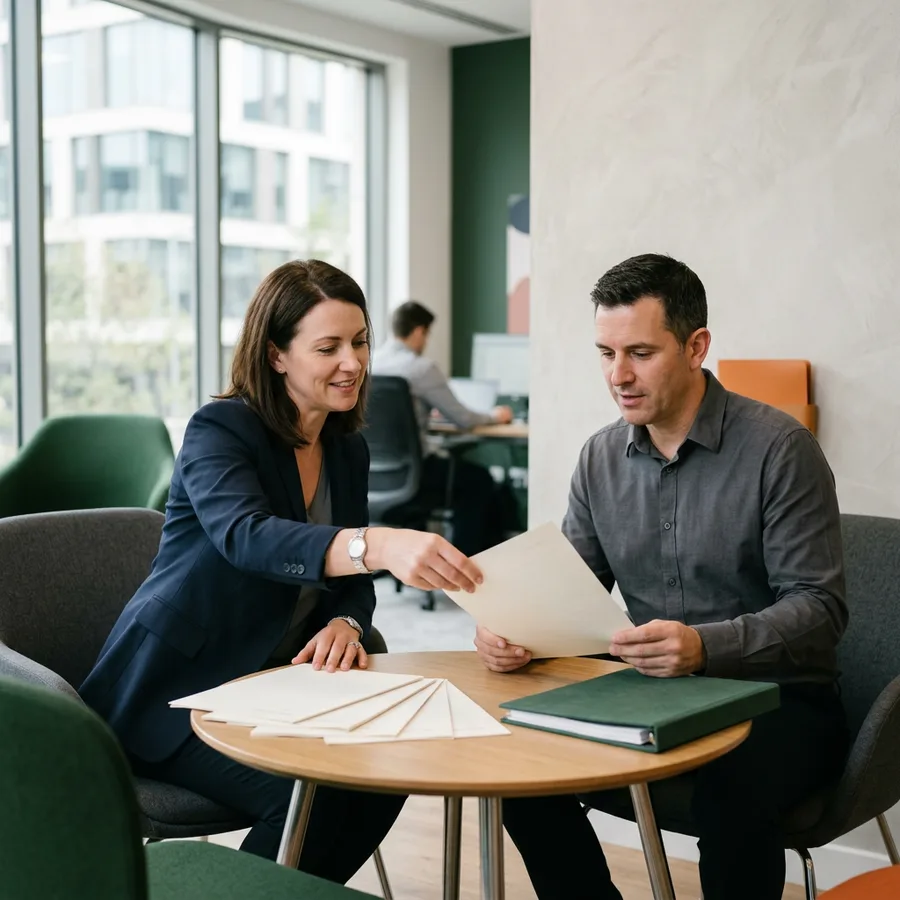 A KORE1 recruiter sliding a candidate summary across a table to a client operations executive