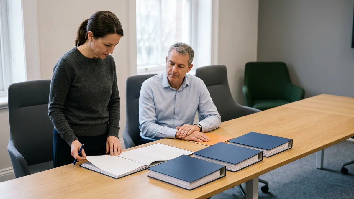 An independent ERP selection advisor reading an open vendor proposal beside a finance leader in a mid-market boardroom