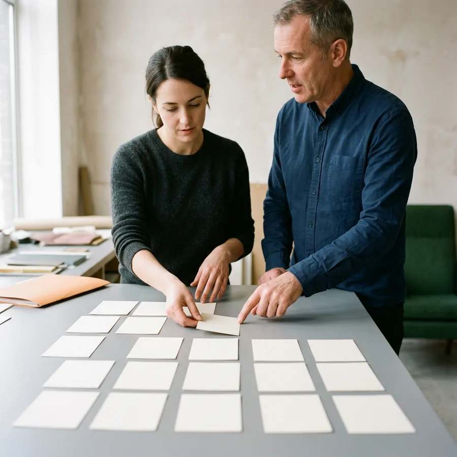 Two colleagues laying blank index cards into ordered rows on a work table while building an ERP demo script