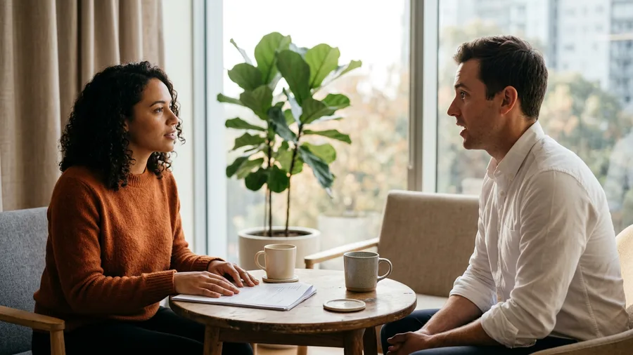 A KORE1 recruiter and an ERP consultant in conversation across a table about an implementation search