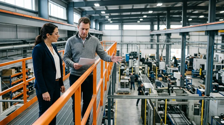 A finance leader and an operations manager talking on a mezzanine above a manufacturing floor during an ERP evaluation