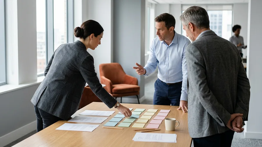 Three colleagues around a conference table sorting printed ERP selection criteria onto coloured cards