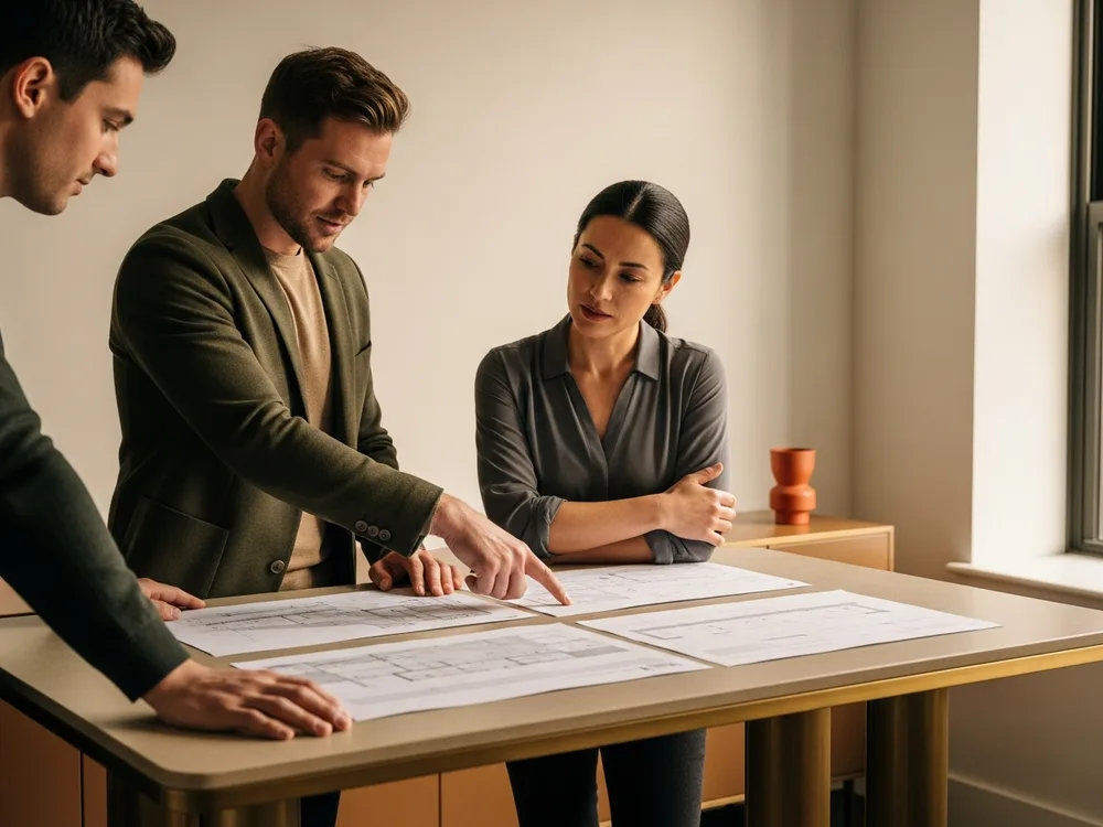 Three engineers reviewing printed topic and consumer maps spread across a table during a Kafka estate review