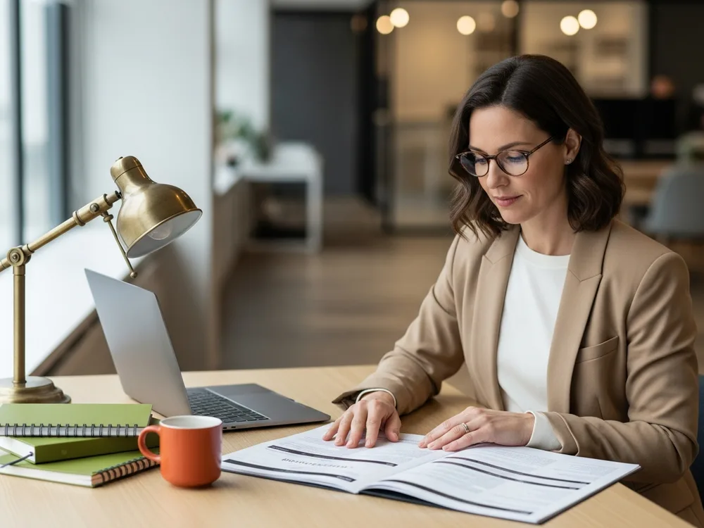 Kafka architect reviewing a printed topic and ownership inventory at a bright desk, KORE1 event-driven and Kafka architect staffing