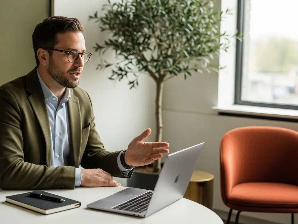 KORE1 technical recruiter screening a Kafka architect candidate on a video call in a bright office