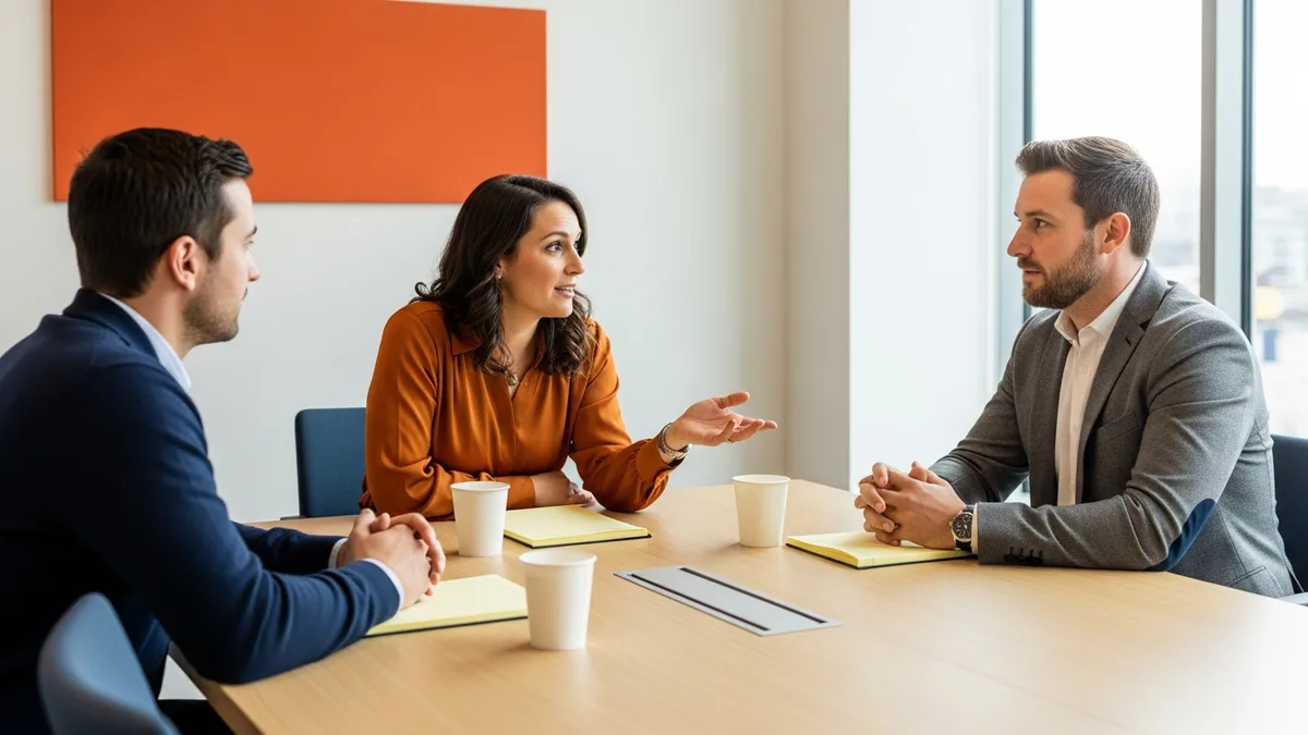 Three leaders around a conference table discussing the cost of an event-driven architecture refactor