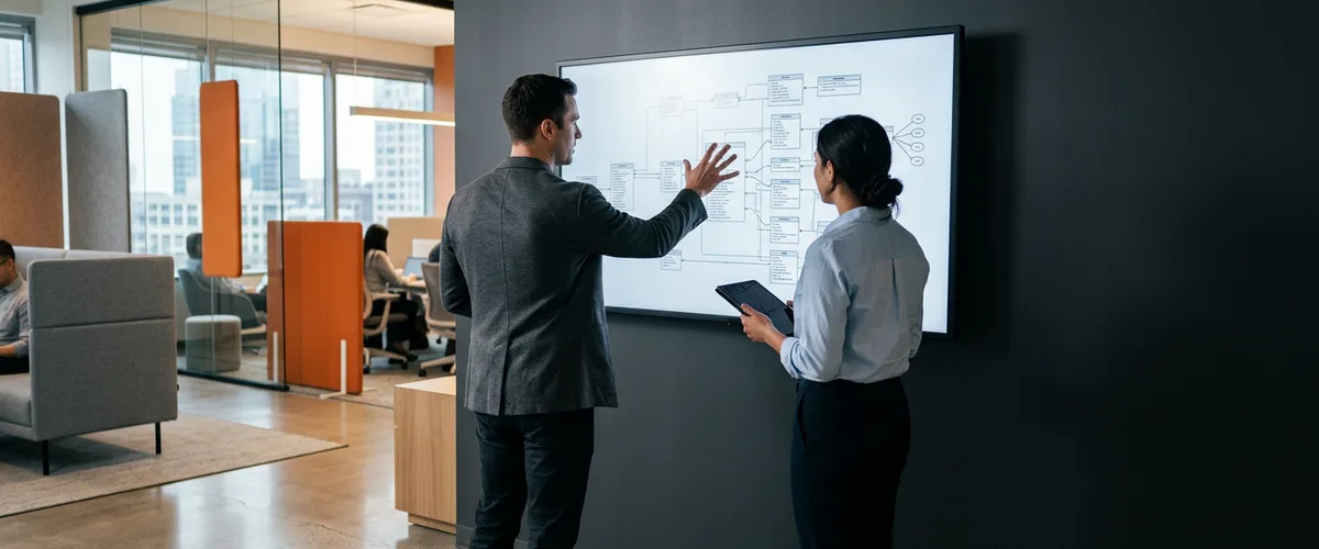 Two data leaders reviewing a data model diagram on a wall display while comparing an analytics engineer req against a data analyst req