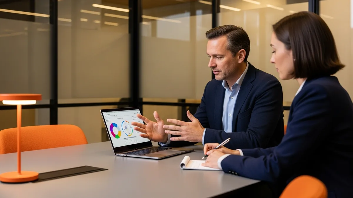 Engineering leader showing a SOC 2 auditor pipeline change evidence on a laptop in a conference room