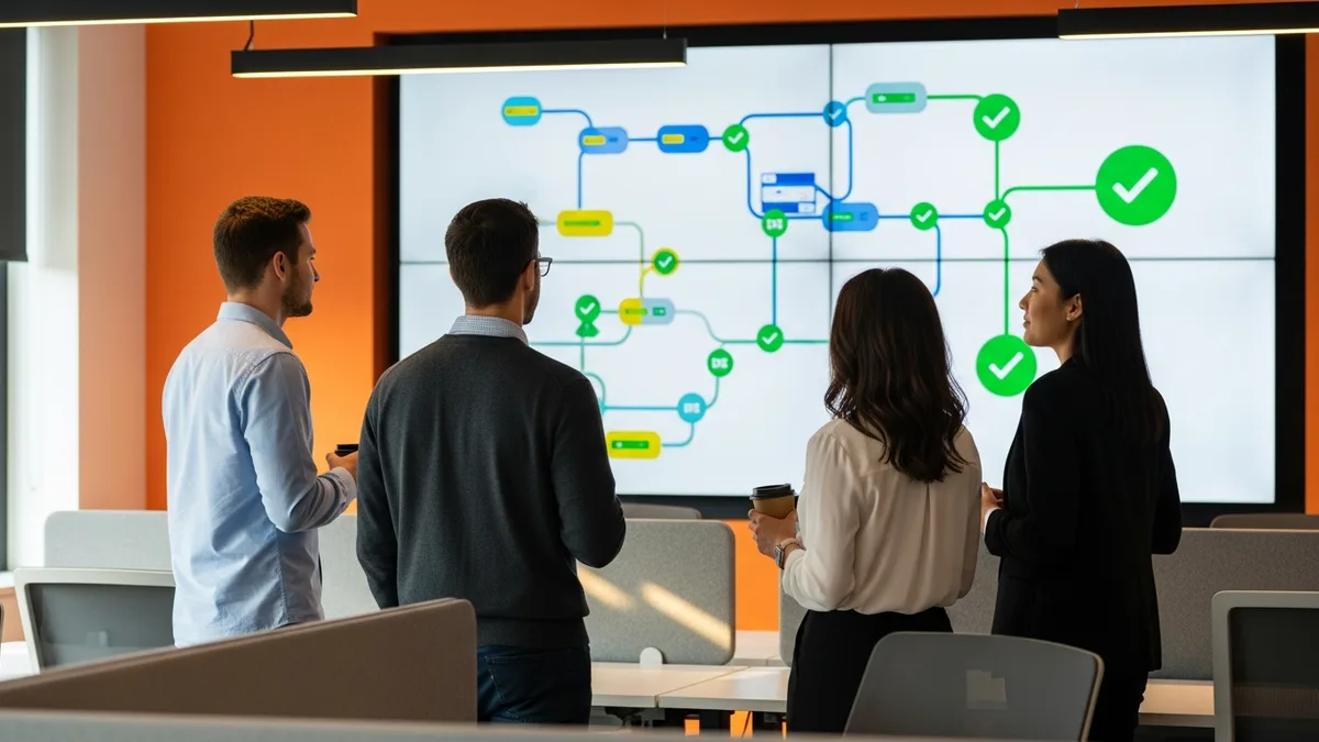 Fintech engineering team reviewing a deployment pipeline status board as part of an audit-ready release process
