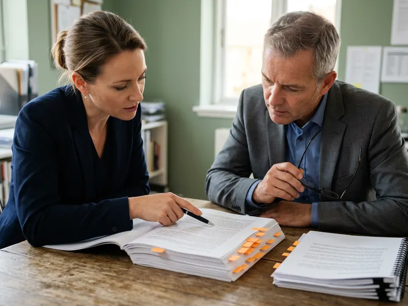 Two colleagues reviewing a thick printed implementation contract with orange tabs marking a dozen pages, fractional CIO reviewing an ERP statement of work