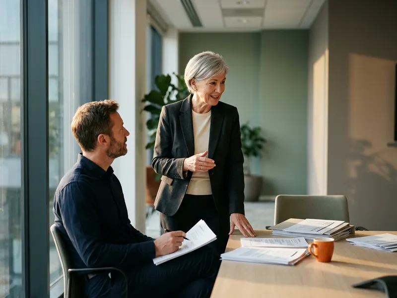 Senior executive standing beside a table of printed program schedules talking with a seated colleague, ERP program governance conversation