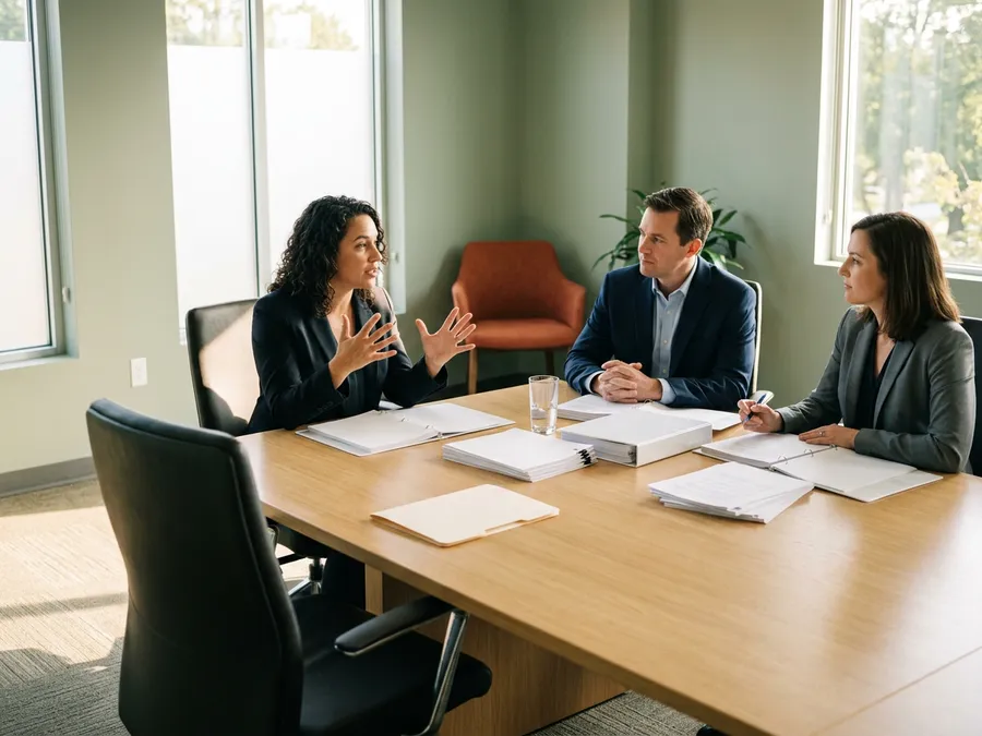 Three implementation consultants seated on one side of a boardroom table with printed binders while a single empty chair sits opposite them, KORE1 fractional CIO for ERP and digital transformation