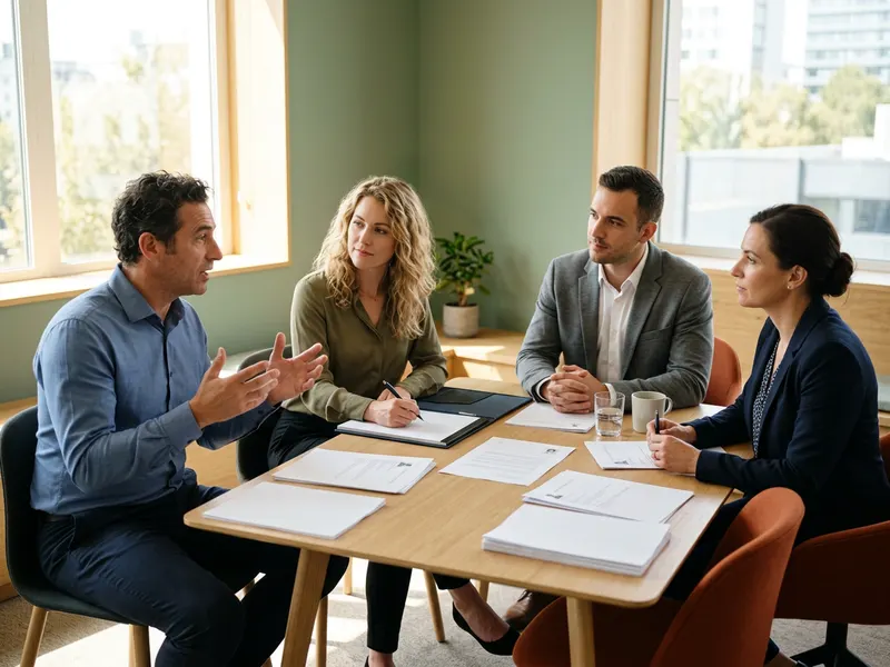 KORE1 recruiting team reviewing printed executive candidate profiles around a conference table, fractional CIO search for an ERP program
