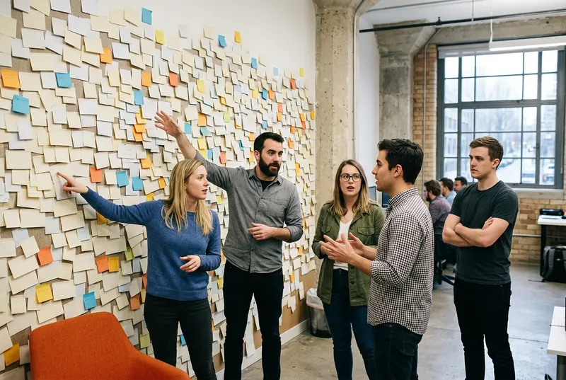 Product team talking over an overloaded backlog wall covered in hundreds of feature requests