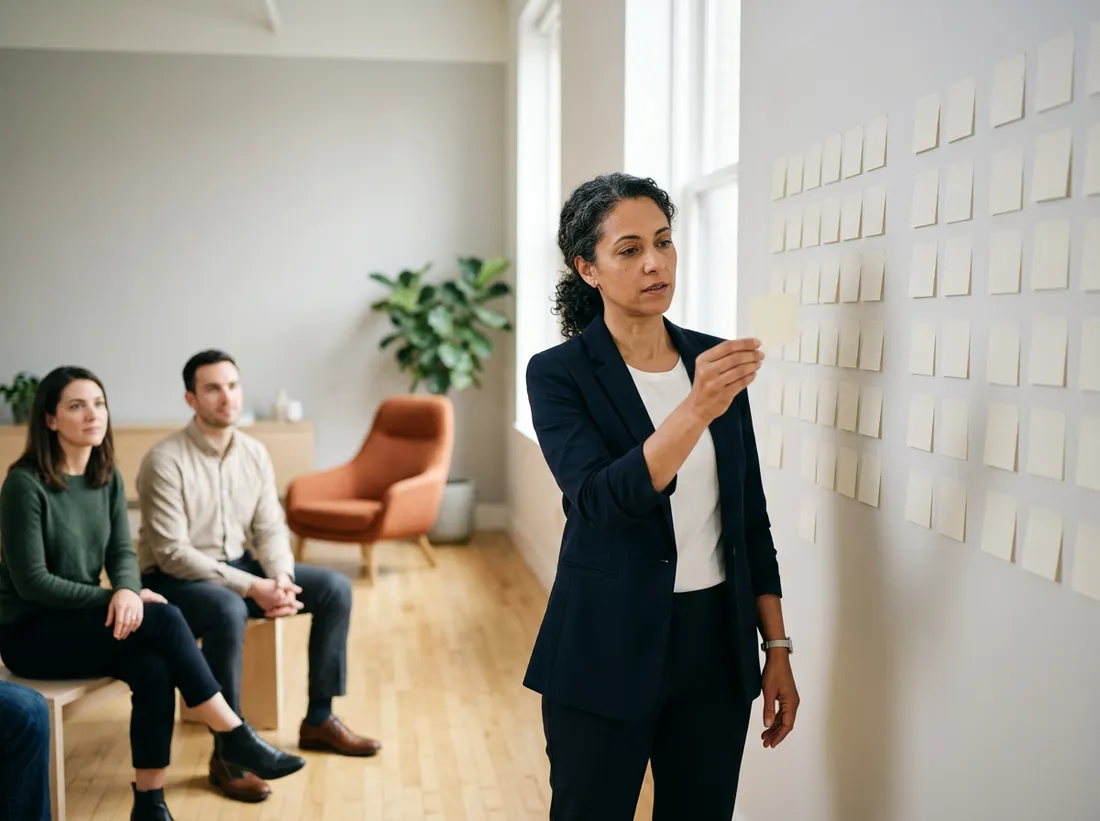 Fractional Chief Product Officer removing a card from a wall of product requests while two colleagues watch