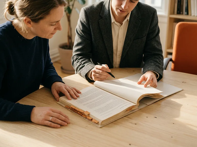 Two colleagues reviewing a printed financial forecast with orange index tabs, fractional CFO placement engagement at a mid-market company