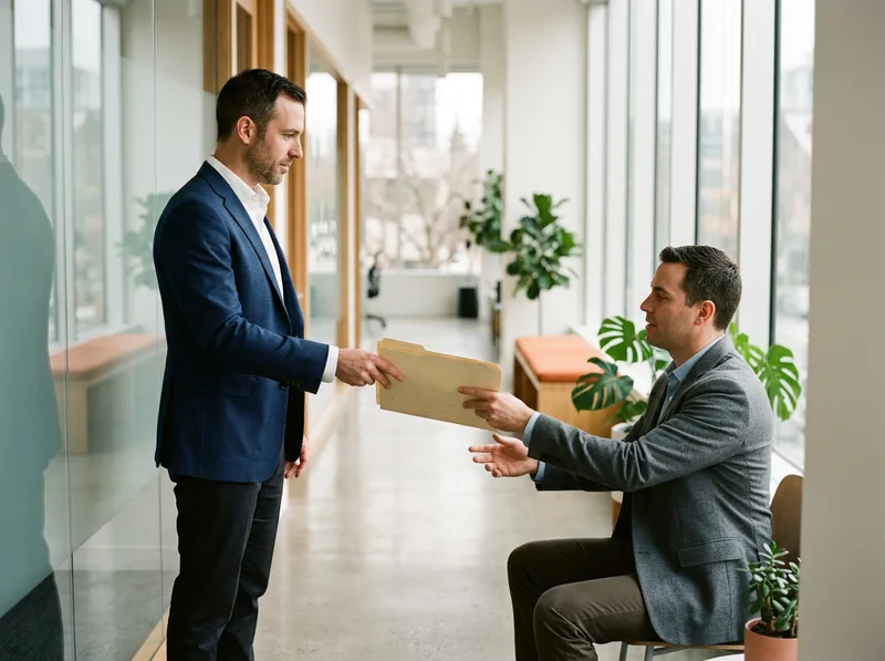Executive handing a manila folder to a seated colleague in a glass-walled office corridor, interim to permanent executive handoff