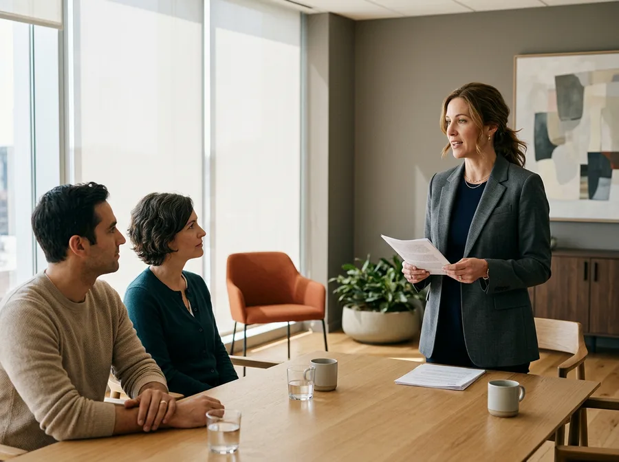 Fractional executive in a charcoal blazer briefing two seated colleagues across a boardroom table, KORE1 fractional executive placement for CFO, CRO and CTO seats