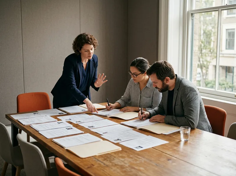KORE1 recruiters reviewing printed executive candidate profiles around a conference table during a fractional executive search