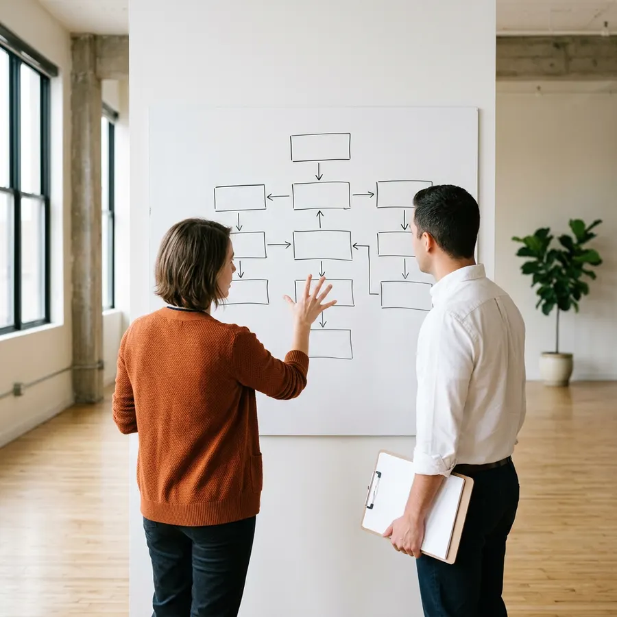 Two colleagues at a whiteboard mapping the handoff and documentation plan for a part-time NetSuite administrator engagement