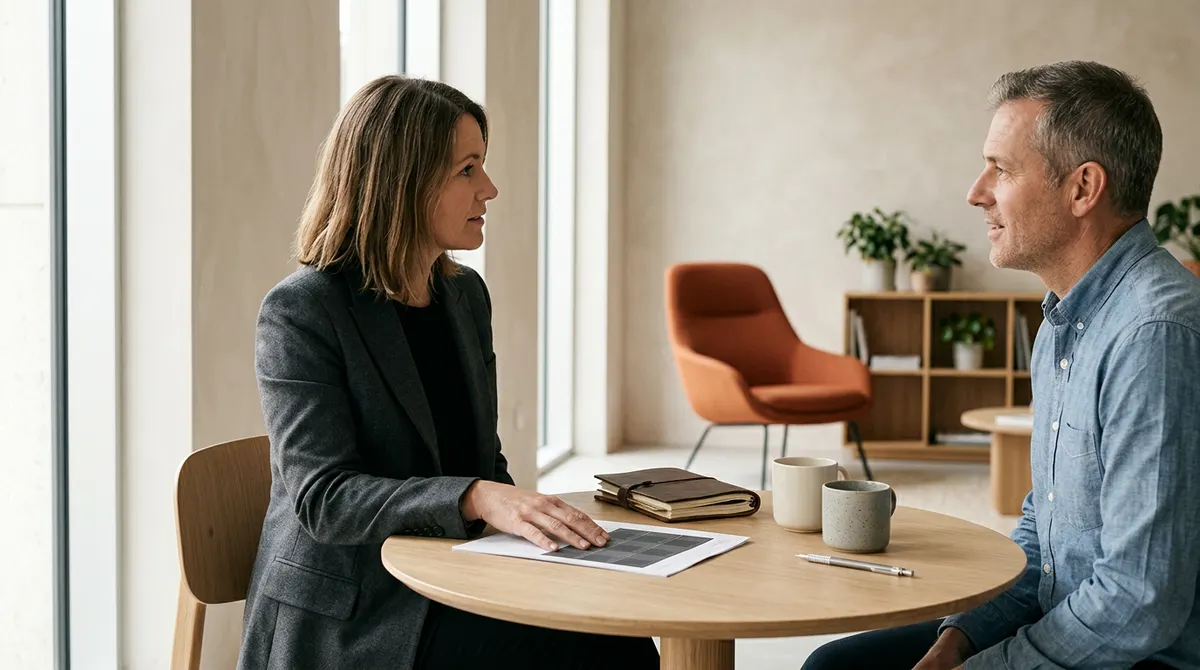 A KORE1 recruiter and a finance operations manager scoping a fractional NetSuite administrator retainer across a table