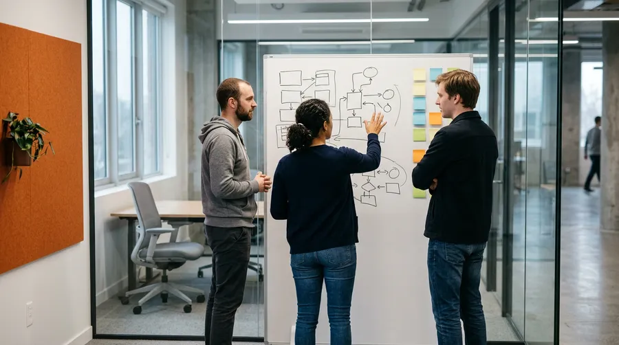 Engineering team in a fintech office working through a stalled release with an empty VP of engineering office behind them