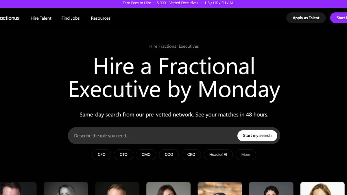 Fractionus homepage, ranked best global curated fractional CTO match for 2026