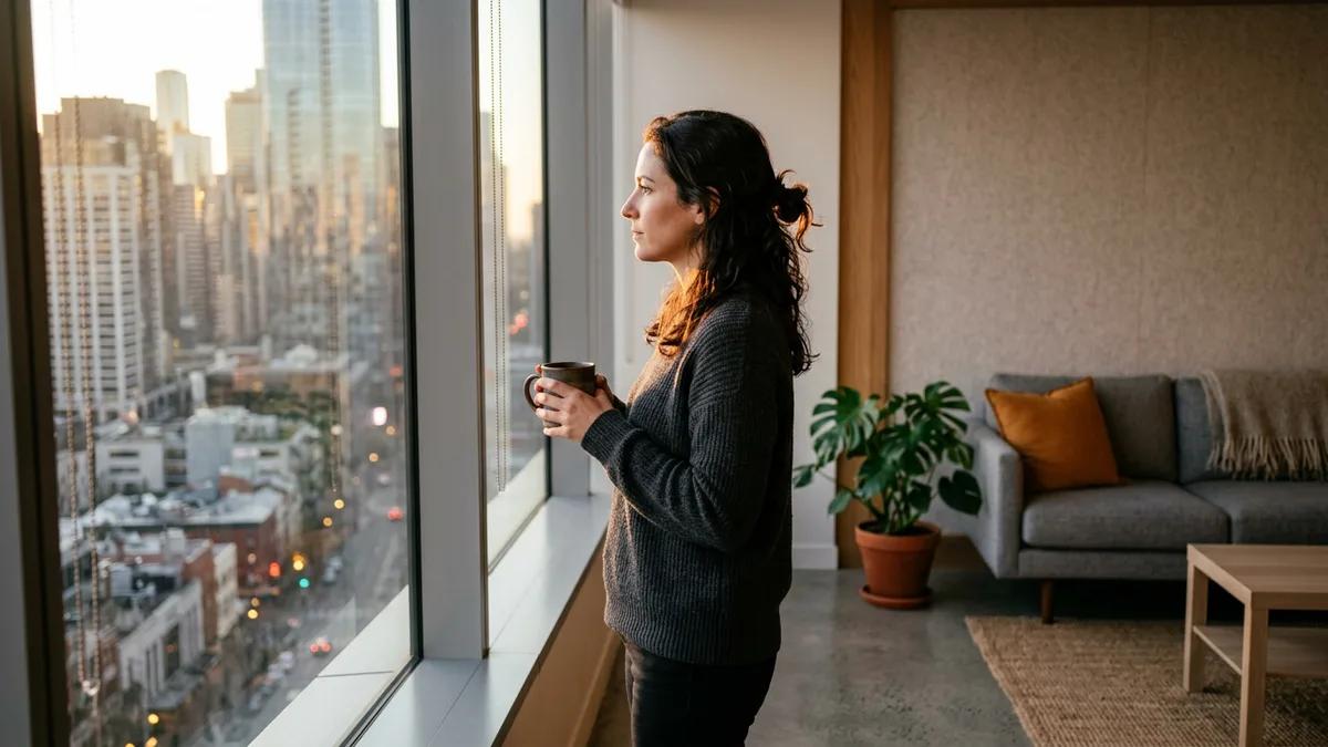 Full stack developer holding a mug at an office window, weighing the choice between staff engineer, engineering management, and specialization
