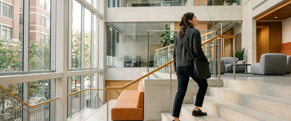 Software engineer climbing an open staircase in a modern office atrium, illustrating the full stack developer career path in 2026