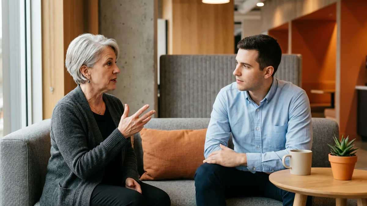 Senior engineer in a gray cardigan talking with a younger full stack developer on an office couch about moving from mid level to senior