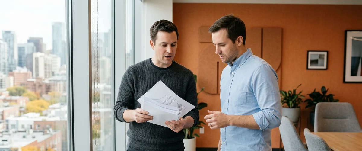 Two engineers reviewing printed evaluation results while discussing the generative AI engineer career path