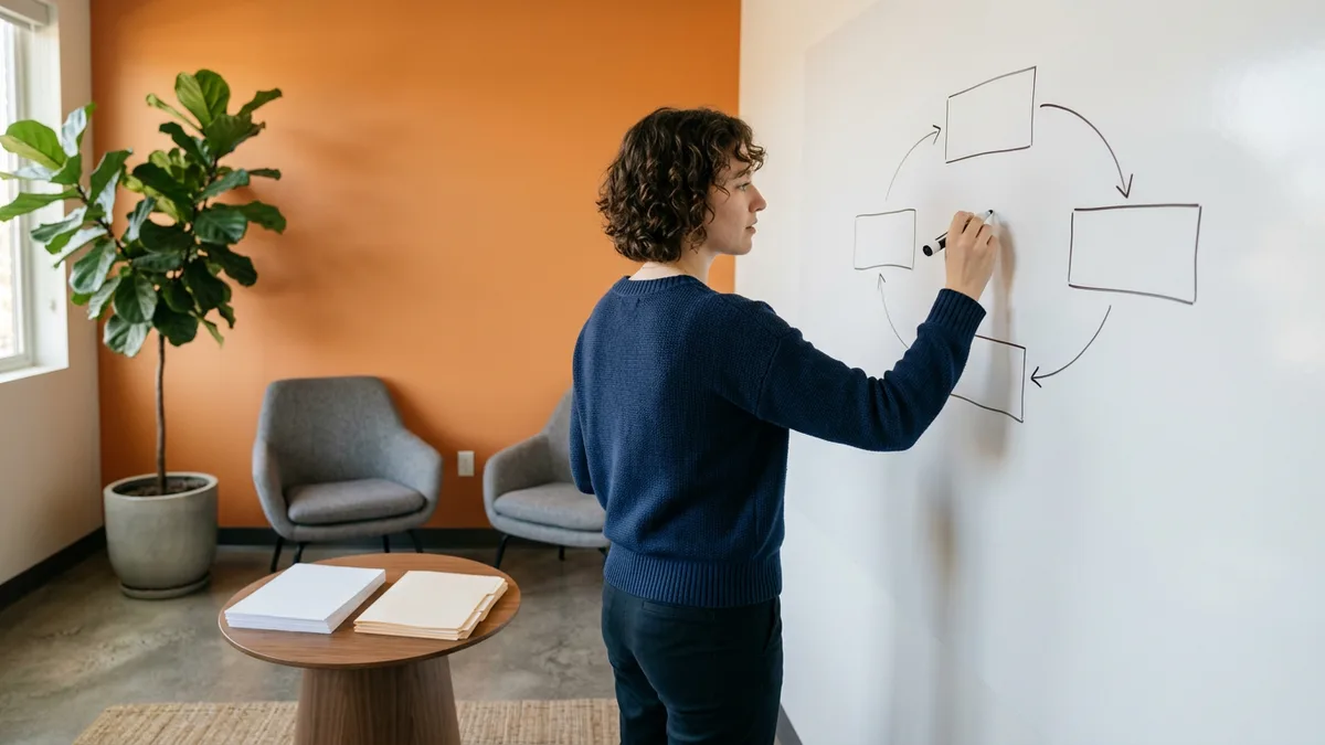 Generative AI engineer sketching a retrieval and agent system design on a whiteboard
