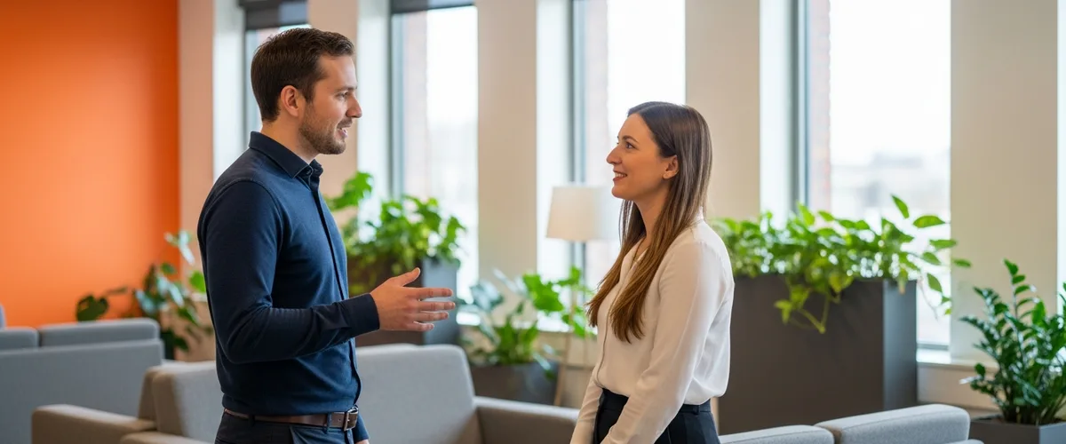 Two hiring leaders in an office lounge discussing whether to hire a generative AI engineer or a traditional machine learning engineer