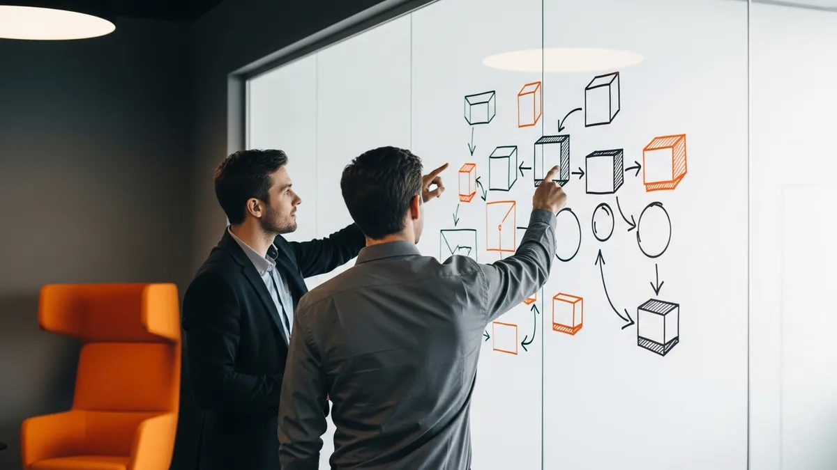 Two engineers at a glass whiteboard mapping generative AI components against traditional machine learning components with boxes and arrows