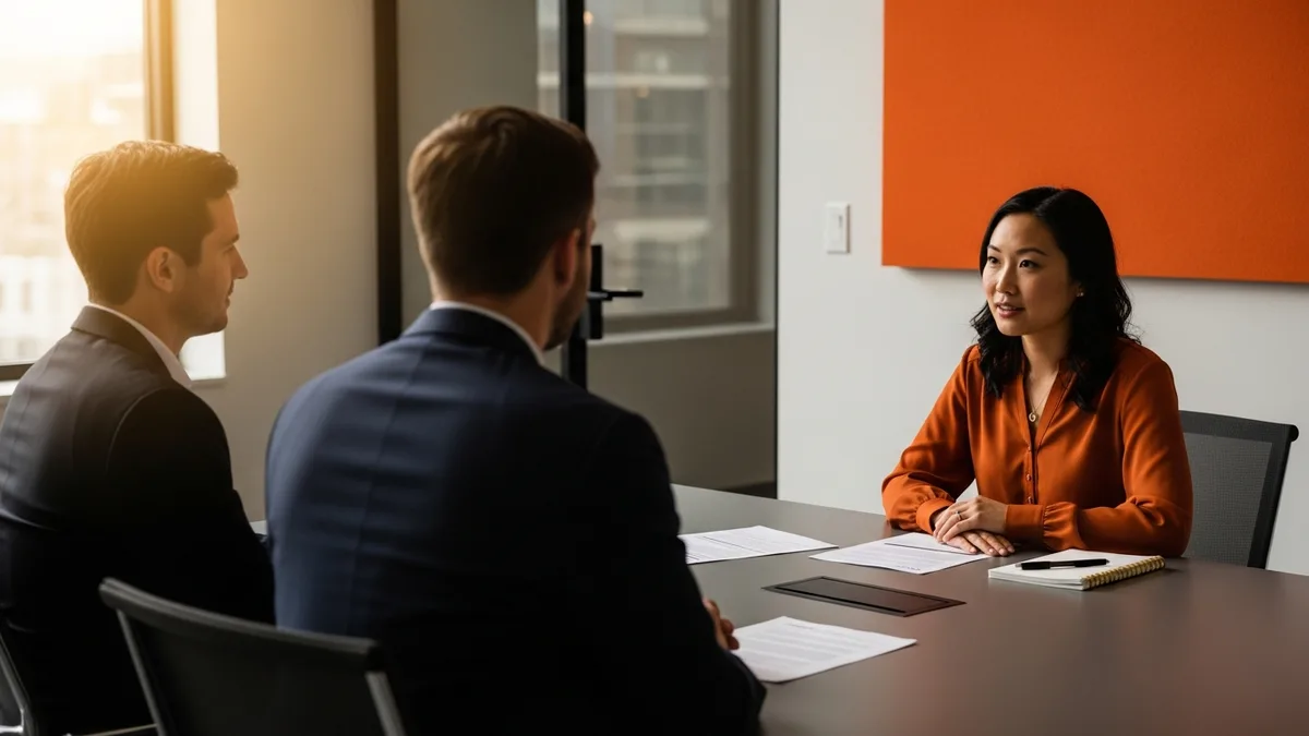 Interview panel meeting a head of analytics candidate in a conference room