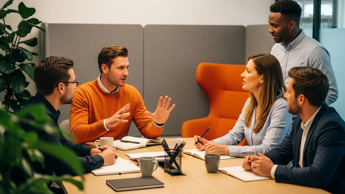 Analytics team of four discussing metric definitions around a meeting table with notebooks