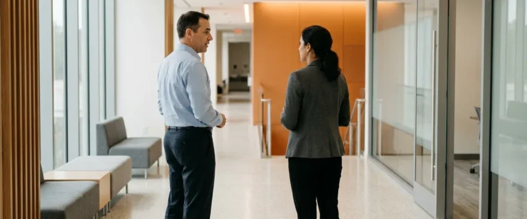 Two healthcare IT leaders in a hospital corridor discussing which healthcare IT recruiting firm to engage