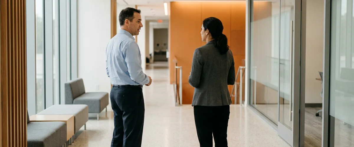 Two healthcare IT leaders in a hospital corridor discussing which healthcare IT recruiting firm to engage