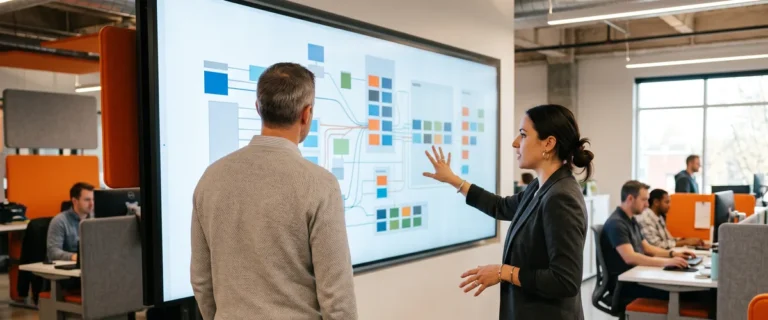 Two hiring leaders reviewing an AI agent workflow diagram on a wall display while scoping an AI agent engineer hire