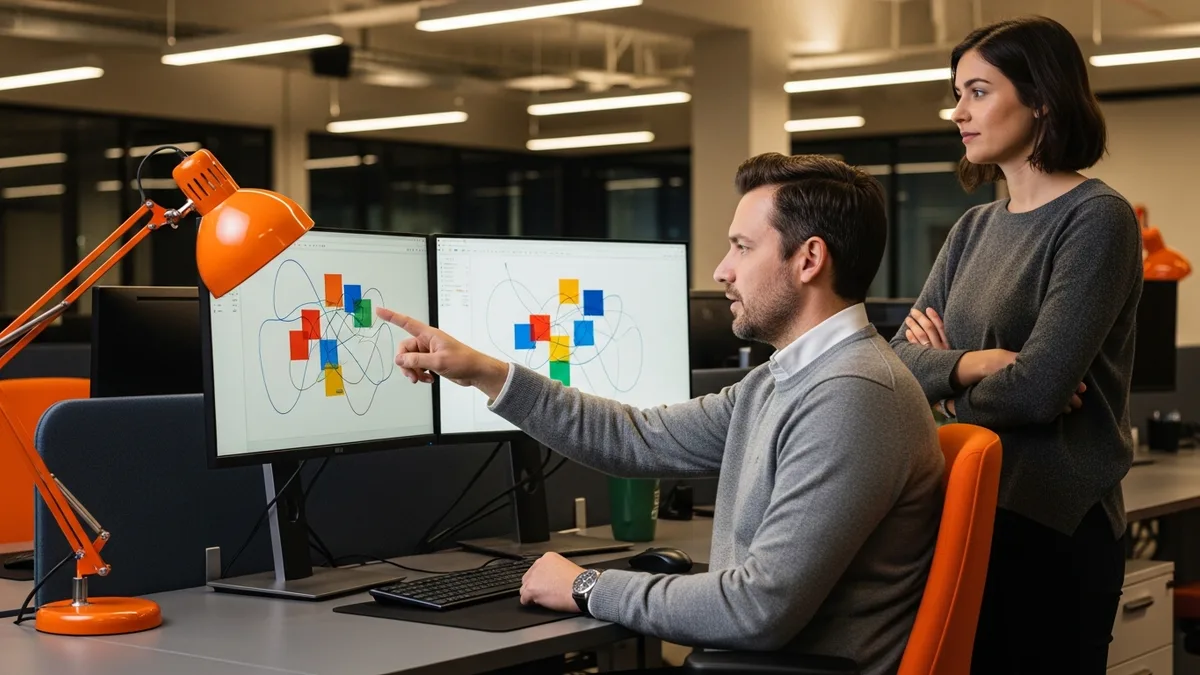 Two AI engineers reviewing model evaluation results on dual monitors