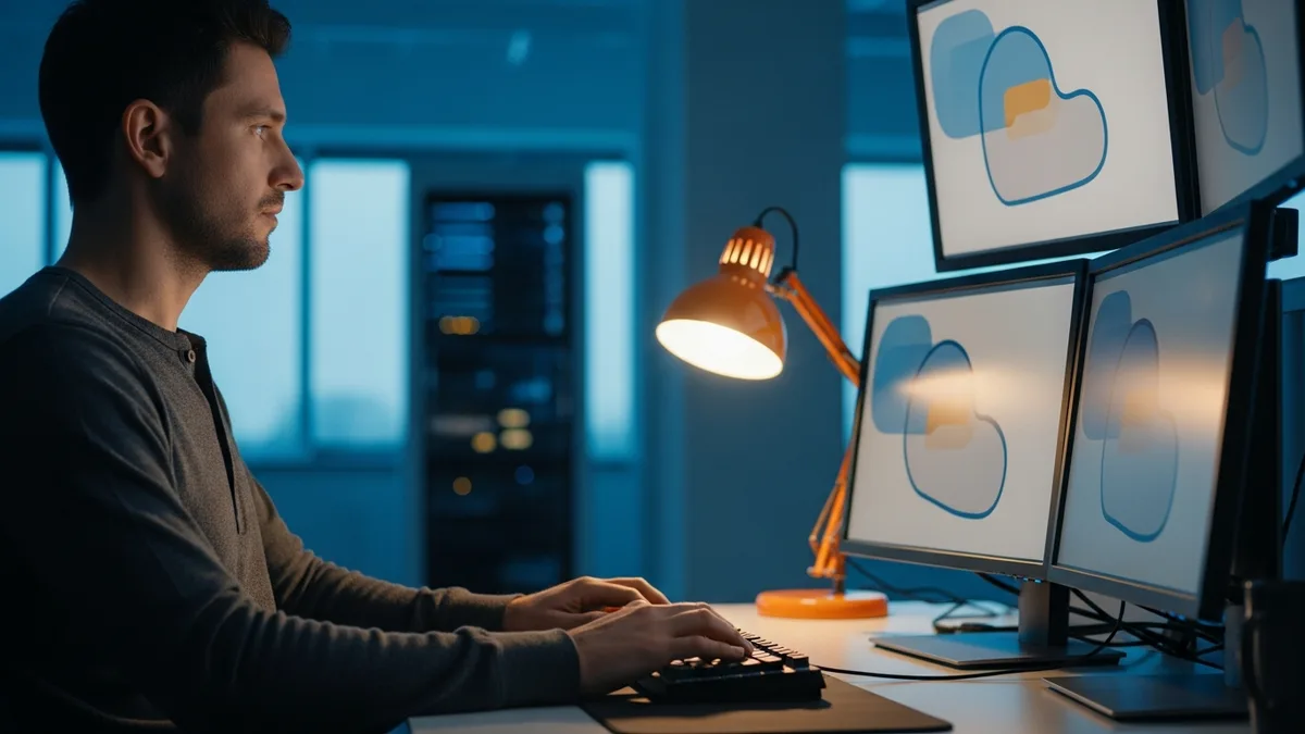 AI infrastructure engineer working at a multi-monitor workstation near a server rack
