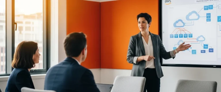 AWS solutions architect presenting a multi-account cloud architecture plan to two company executives in a conference room