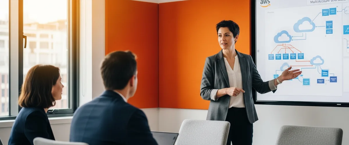 AWS solutions architect presenting a multi-account cloud architecture plan to two company executives in a conference room