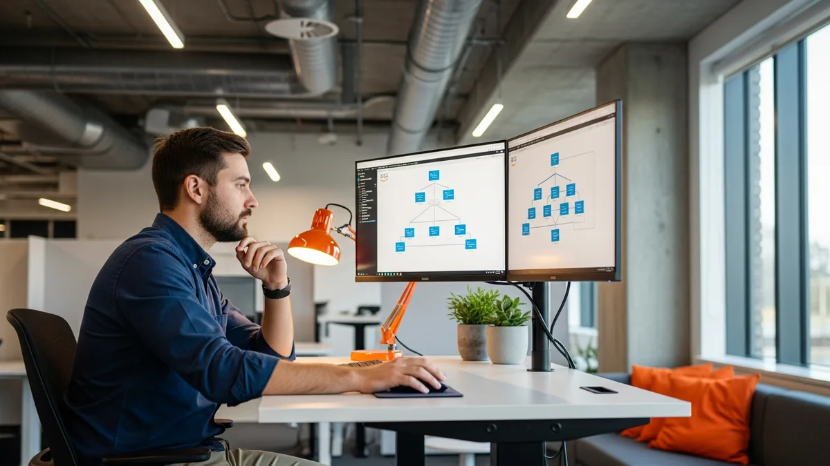 AWS solutions architect reviewing a multi-account cloud architecture diagram on dual monitors in a modern office