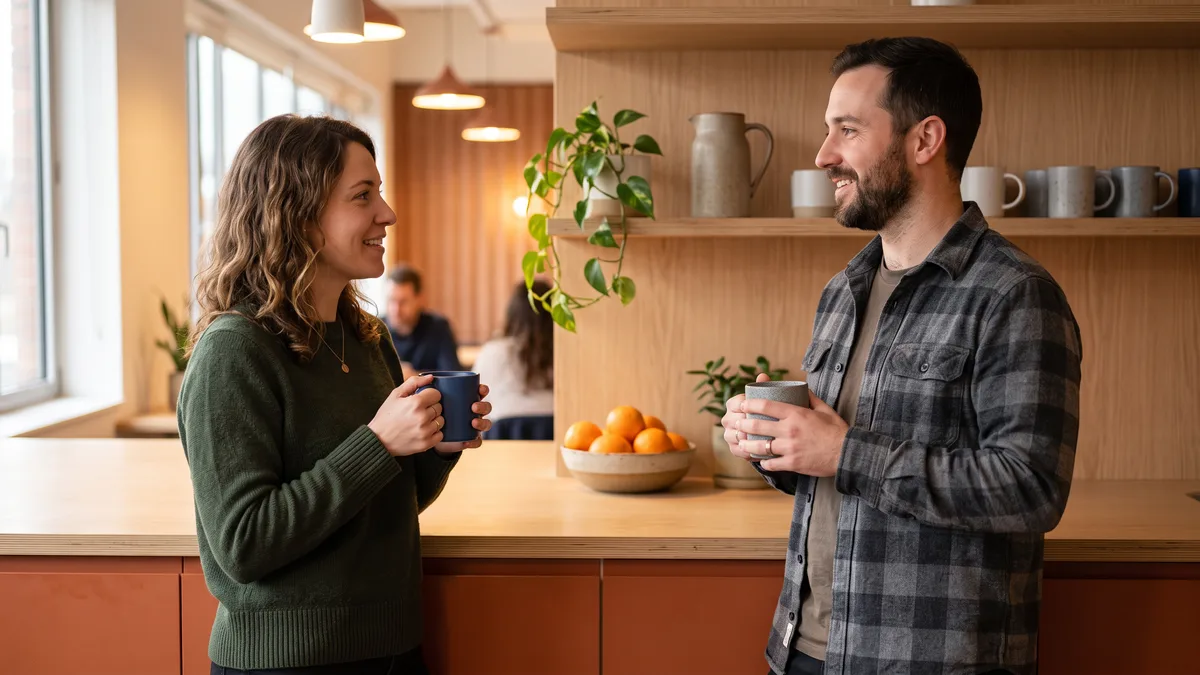 Two colleagues discussing a Boomi developer hire and its salary band over coffee at an office counter