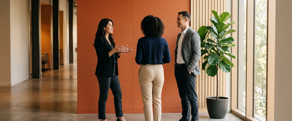 Three colleagues discussing a Boomi integration developer hire in a modern office corridor