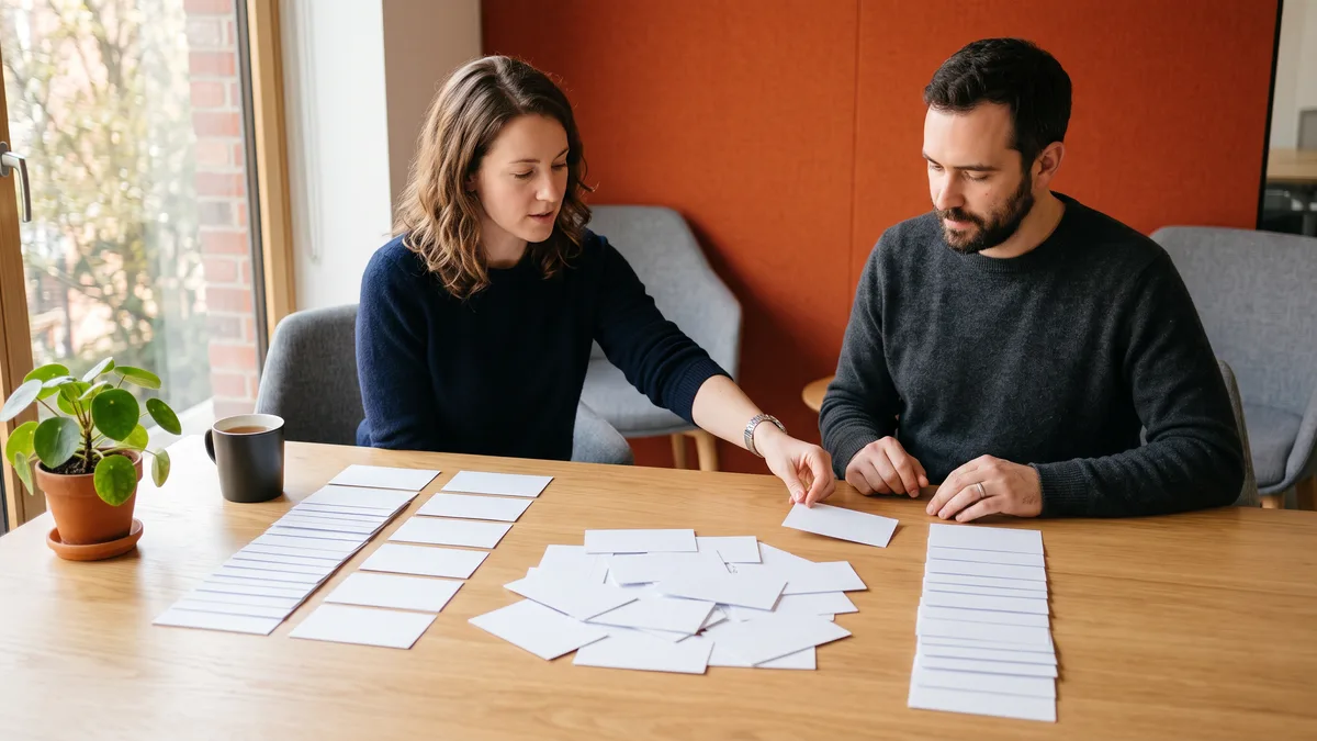 Hiring manager and engineering lead sorting cards while scoping a Boomi developer job description