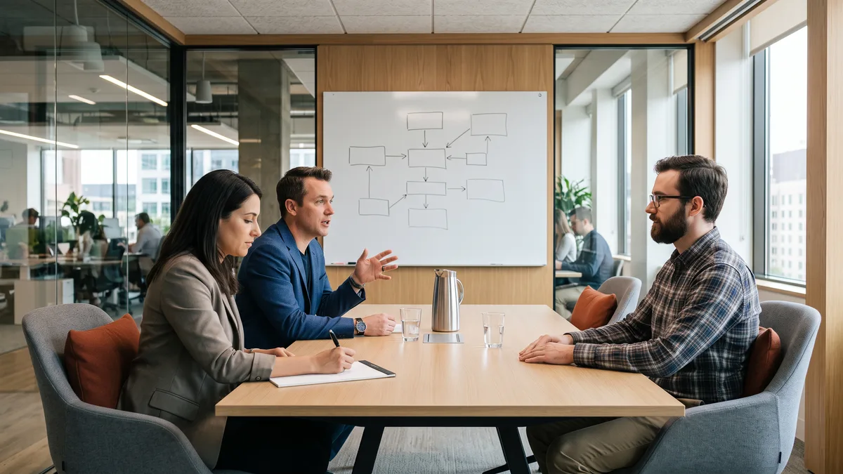 Interview panel screening a Boomi developer candidate against a whiteboard integration diagram