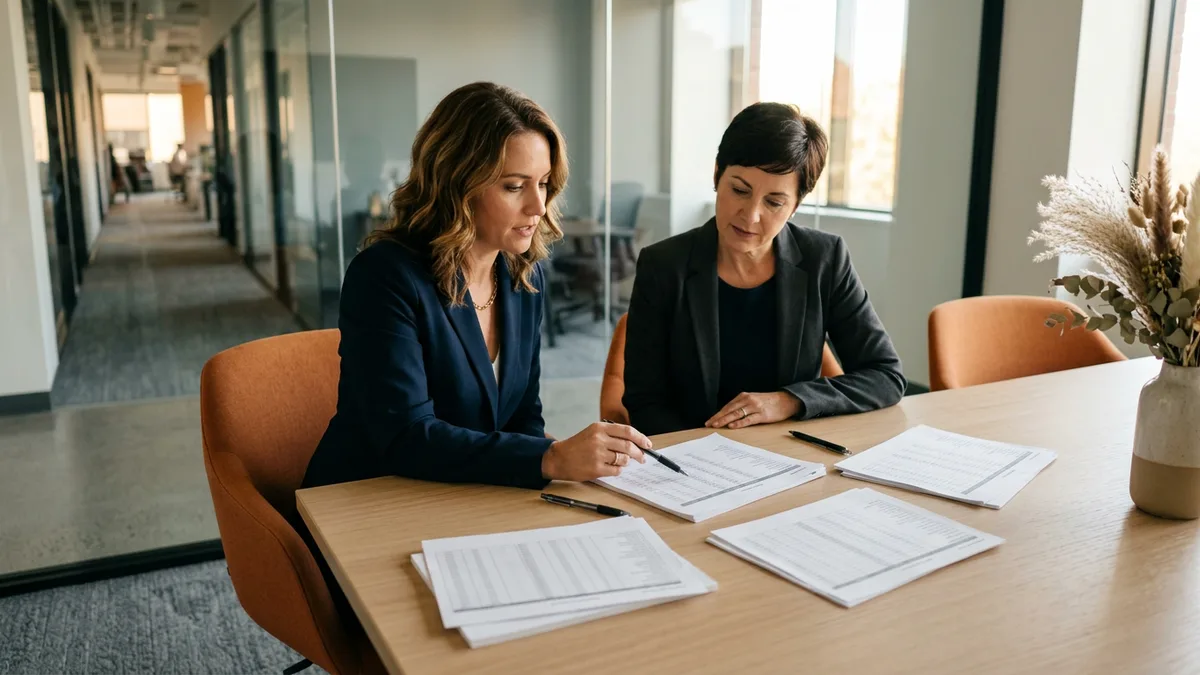 Two executives comparing printed Chief Revenue Officer compensation benchmarks across a conference table